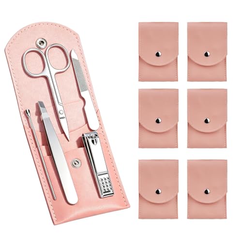 6 Sets Pack Travel Manicure Set Professional Nail Clipper Kit-5 Pieces Stainless Steel Manicure Kit, Women Men Grooming kit With Nail Care Tools Beauty Scissors Tweezers (Silver Pink)