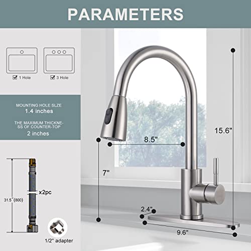 Wowow Kitchen Faucet With Sprayer, Kitchen Sink Faucet, Sus 304 Stainless Steel, High Arc Single Handle Brushed Nickel Kitchen Faucets With Pull Down Sprayer, Pull Out Kitchen Faucet With Deck Plate #TOP5