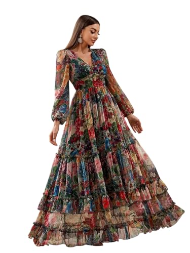 Image of LITZO Women's One Piece Dress - Georgette Floral Printed Western Gown | Long Sleeve V Neck Fit & Flare Flared Hem Design | A-Line Maxi Dress for Women | New Year Party Outfit (NO-29-31)