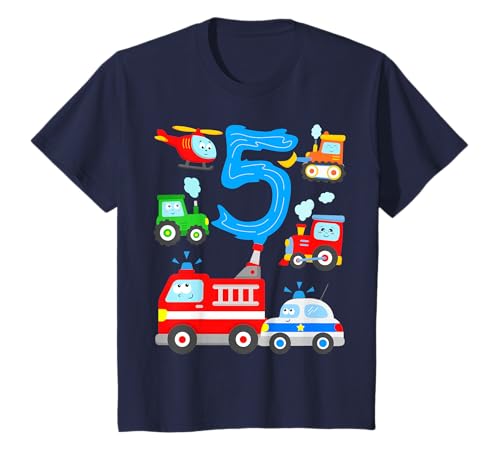 Niños 5 cumpleaños vehículos excavadora tractor policía camión de bomberos Camiseta
