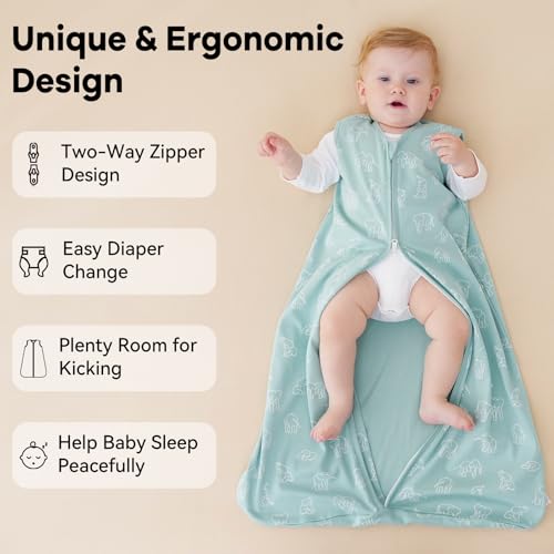 Image of Baby Sleep Sack 6-12 Months 0.5 Tog Wearable Blanket Baby, 3 Pack 100% Cotton Lightweight Sleeping Sack with 2-Way Zipper for Newborn Infant Apricot Gray Green Elephant