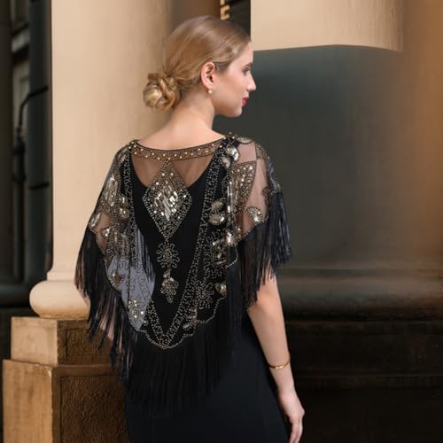 BEAMARKER Damen 1920s Schal Wickel Schwarz Pailletten Perlen Flapper Abendschals Elegant Kurz elet Umhang Cover Up Wraps Shrug Für Formelle Abendkleider Party Hochzeit Braut Brautjungfer e