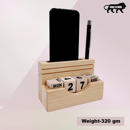 Image of Pen Stand with Calendar for Office Table, Pen Stand with 100 Years Calendar, Stylish Unique Pen Stand with Wooden Calendar, Wooden Desk Calendar to Lifetime Infinite Perpetual Calendar 2023 (WH-97)