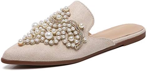 Tilocow Pearl Decor Mules for Women Flats Pointed Toe Backless Flat Slip On Slides Women's Mule Shoes