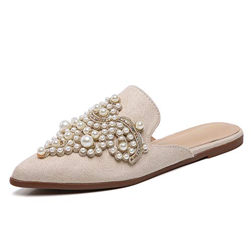 Tilocow Pearl Decor Mules For Women Flats Pointed Toe Backless Flat Slip On Slides Women's Mule Shoes #TOP9