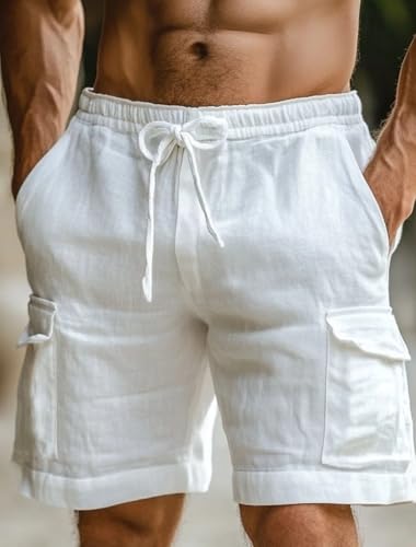 Image of INKKR Men's Cargo Linen Shorts Beach Shorts Drawstring Elastic Multi Pocket Plain Comfort Breathable Knee Length Cotton Shorts