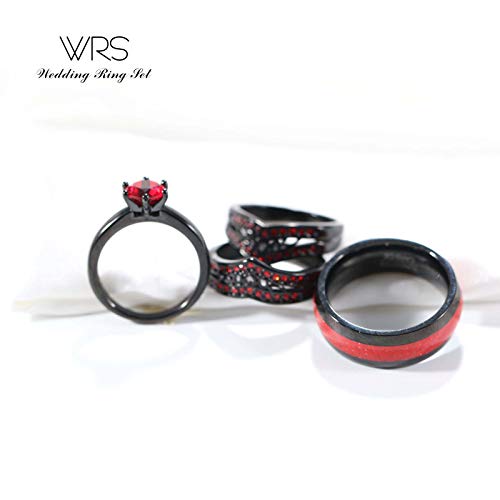 Two Rings His Hers Wedding Ring Sets Couples Matching Rings Women's 2pc Black Gold Plated Red CZ Wedding Engagement Ring Bridal Sets Men's Tungsten Carbide Band Wedding Band2