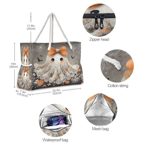 Large Beach Bags Totes Canvas Tote Shoulder Bag Ghost Flower Bow Water Resistant Bags for Gym Travel Daily4