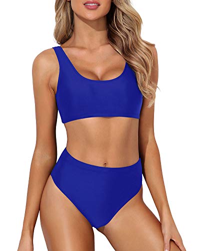 Tempt Me Women Royal Blue Scoop Neck Bikini Crop Top High Cut Two Piece Swimsuit Sporty High Waisted Bathing Suit L