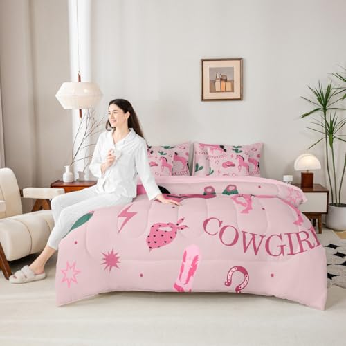 7 Pieces Cowgirl Comforter Set Twin Size, Pink Horse Cowboy Hats Boots Bedding Set, Western Green Cacuts Horseshoes Bed in A Bag with Comforter, Sheets and Pillowcases, Kids Girls Women Room Decor