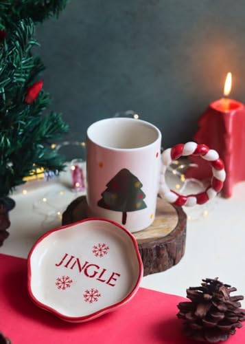 Image of WEAVING HOMES Handcrafted Ceramic Red Christmas Tree Mug & Jingle Dessert Plate Gift to Best Friend and Love Microwave Safe /Dishwasher Safe (Set of 2)