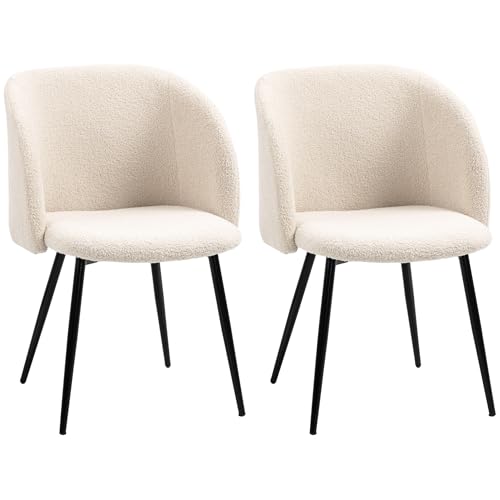 HOMCOM Lot de 2 chaises de Salle à Manger Chaise de Cuisine en Tissu Effet Laine boucleé Chaise de Salon avec Pieds en Acier - 55 x 62 x 80 cm Beige Noir