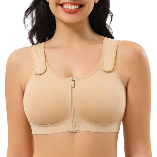CYDREAM Zip Front Closure Wireless Bras for Women Full Coverage Post Surgery Compression Back Smoothing Comfort Adjustable (US