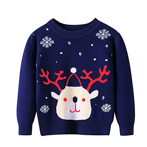 Kids Knitted Tops Toddler Boys Girls Christmas Cartoon Sweater Long Sleeve Warm Knitted Pullover (Navy, 3-4 Years)