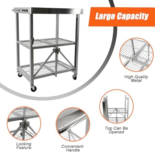 Yeeoy Stainless Steel Cart with Wheels, 3 Tier Foldable Rolling Service Cart, Stainless Steel Food Prep Table Kitchen Island for Restaurant, Dining Room, Hotel, Sliver-NNCnY6uA