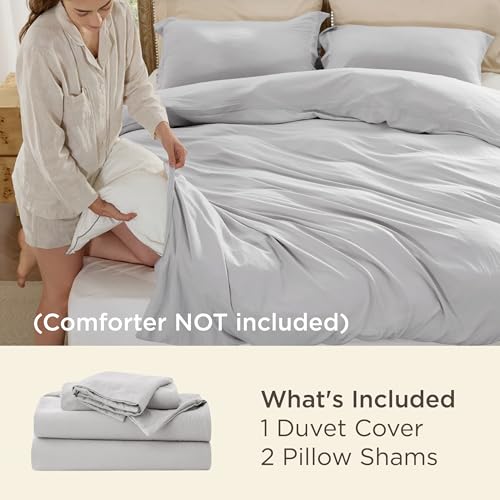 Image of Bedsure Light Grey Duvet Cover Queen Size - 3 Pieces Prewashed Cotton-Like Extra Soft Bedding Set, Includes 1 Duvet Cover 90x90 Inches with Zipper Closure & 2 Pillow Shams, Comforter Not Included