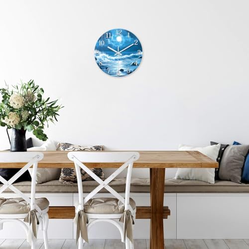 Image of XFM Blue Wall Clock Battery Operated 12 Inch Moon Ocean Wave | Silent Non Ticking Round Analog Modern Nature Decorative for Kitchen Bedroom Bathroom Decor