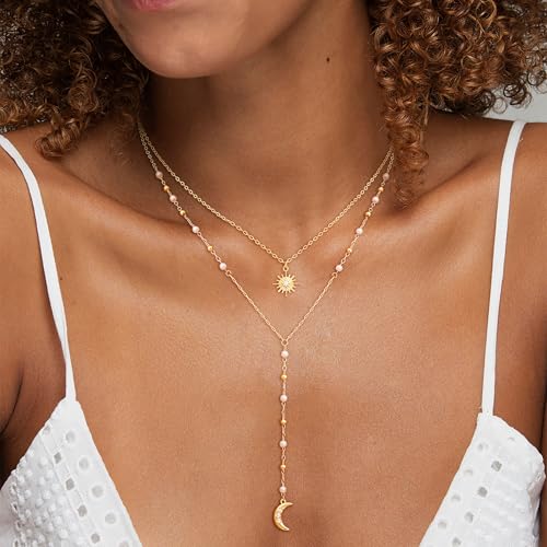 Image of CHESKY Long Necklaces for Women, 14k Gold Plated /Streling Silver Lariat Necklace Dainty Statement Prom Necklace Rosary Cross Sun Drop Pendant Dangle Necklace Gold Prom Jewelry for Women Gifts