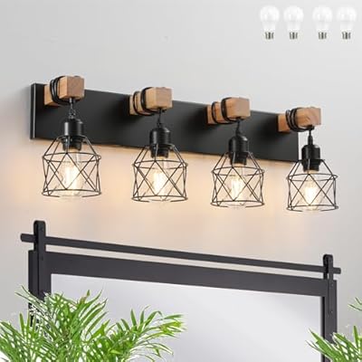 Farmhouse Vanity Light Fixture,4-Light Bathroom Lighting,Black Industrial Wood Wall Light Over Mirror with Metal Shade,LED Bulbs Included