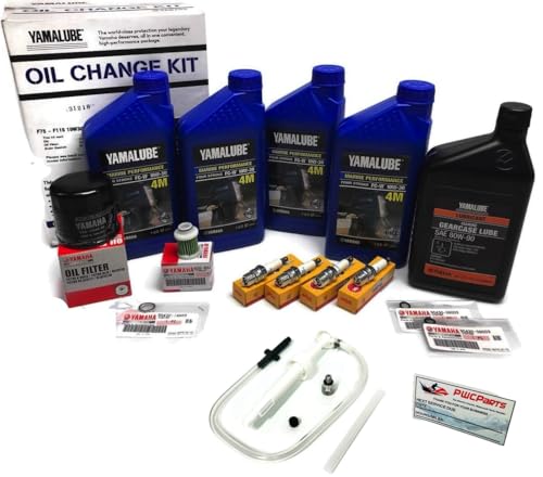 PWCParts 2006-2013 Yamaha F115/F115A Outboard Maintenance Kit, 4 Qt. 10W30 FC 4M Oil, Fuel Filter, Gear Lube, Drain Gaskets, NGK Spark Plugs, Lower Unit Gear Lube Pump, Oil Reminder Decal