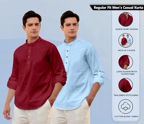 Image of Zombom Men's Combo Cotton Polyester Blend Solid Full Sleeve Straight Regular Fit Mandarin /Chinese Collor Kurta (Pack of 2)