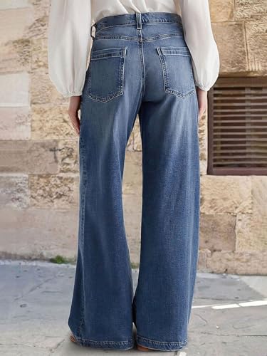 Flamingals Wide Leg Jeans for Women Mid Waist Baggy Stitch Decor Denim Washed Pants Without Belt3