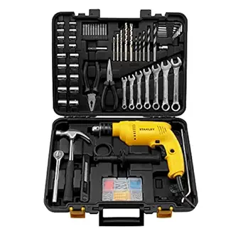 STANLEY SDH600KM-IN 600W 13mm Drill Machine with Mechanical Toolkit for Home, DIY & Professional Use (120-Pieces) - Includes Hammer Drill, Hammer & Measurement Tape, 1 Year Warranty, YELLOW & BLACK