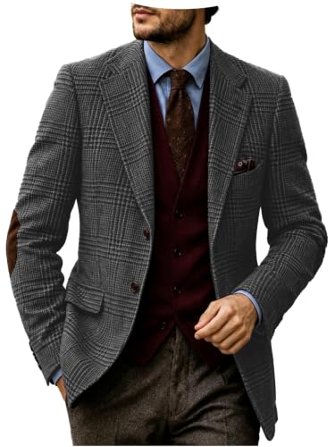 Men's Plaid Tweed Blazer Vintage Elbow Patch Notch Lapel Casual Sport Coat