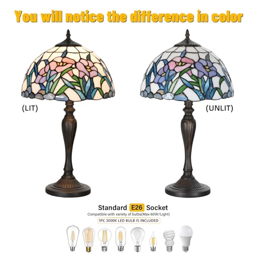 HomeBeauty TL0004 Tiffany Table Lamp Stained Glass Bedside Lamp Daffodfil Flowers Design Reading Desk Light 12X21.5 Inches for Bedroom Living Room Home Office, lED Bulb Included