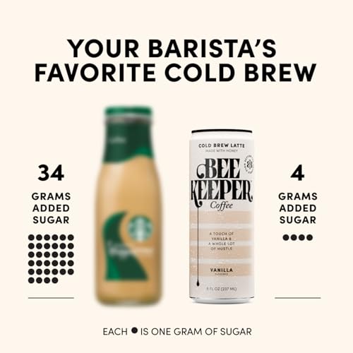 Image of Beekeeper Vanilla Latte Cold Brew Coffee Drinks with Oregon Honey | 12 Pack Refreshing Iced Coffee - Unsweetened & Strong Arabica Brew, 8 fl oz Ready-to-Drink Can - 180mg Natural Caffeine