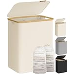 SONGMICS Laundry Basket with Lid, 2-Section Large Laundry Hamper, 130L, Removable Mesh Liner, Oxford Fabric, Bamboo Handles, Collapsible, 52 x 38.5 x 70.5 cm, Cream White LCB513W01