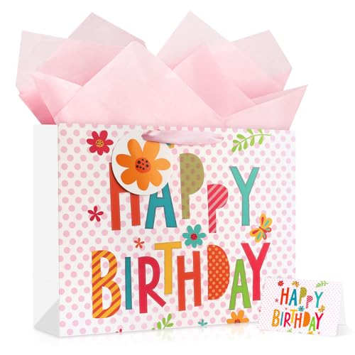 Image of JMANNI Large Happy Birthday Gift Bag with Tissue Papers and Greeting Card,Portable Paper Gift Bags with Handles, Present Bags for Women Girls Birthday Party Supplies 13 inch x 10.2 inch x4.7 inch(Pink Floral)