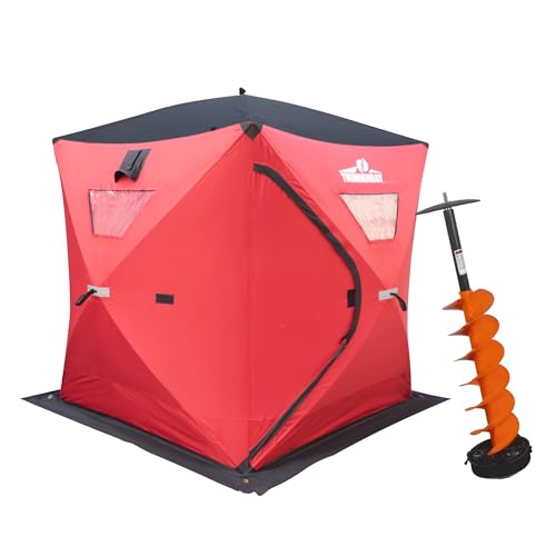 THUNDERBAY Ice Cube 2-3 Man Portable Ice Shelter & Ice Auger Combo, 24 Square Feet of Fishable Area, Portable 2-3 Person Ice Shanty with 6 Inch Nylon Ice Auger