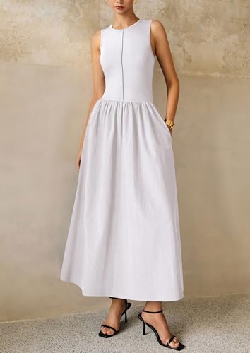 Image of PRETTYGARDEN Maxi Dresses for Women 2026 Summer Casual Sleeveless Patchwork Flowy Vacation Sundress Knit Long Work Tank Dress