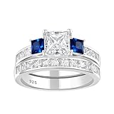 Wuziwen Three Stone Princess Cut Blue Simulated Sapphire and Cubic Zirconia Wedding Bridal Rings Set for Women 925 Sterling Silver Engagement Ring for Her Sz 7
