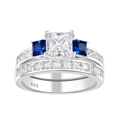 Wuziwen Three Stone Princess Cut Blue Simulated Sapphire and Cubic Zirconia Wedding Bridal Rings Set for Women 925 Sterling Silver Engagement Ring for Her Sz 7
