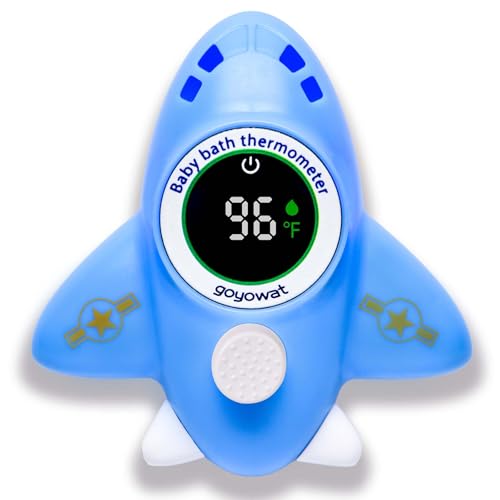 Image of Baby Bathtub Thermometer with LED Display Screen+Blue Airplane toy-2-in-1 | Color Coded Alarm (Cold /Comfortable /hot) Bath Temperature Monitor, Adorable Floating Toys for Infants, Essential for Babies