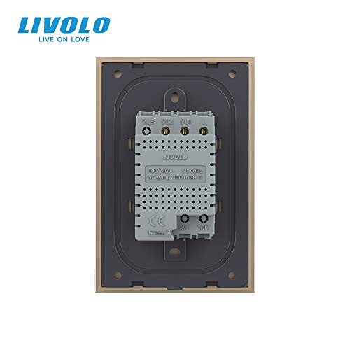 Livolo Gold Wall Touch Light Switch(No Neutral),Single Pole Touch Lamp Switch With Led Indicator,Scratch-Resistant Tempered Glass Panel, 2 Gang 1 Way,Vl-A802-3Ag #TOP3