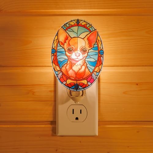 Image of Dog Night Light Chihuahua, Stained Glass Styled Plug-in Wall Nightlight, Bulb Included, Pet Memorial Dog Lover Gift, Bedroom Hallway Bathroom Decor, Manual On /Off Switch