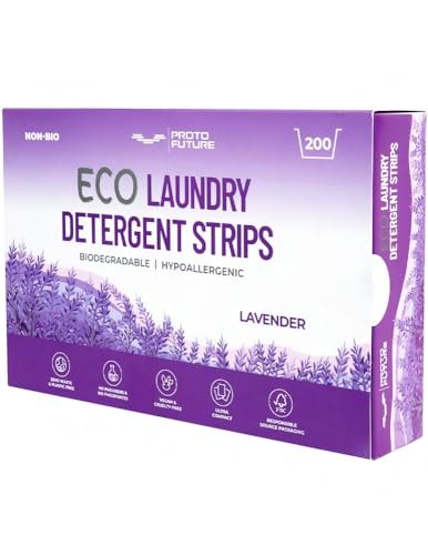 Proto Future Tiras de Detergente Ecológico Para la Lavadora - (200 Lavados) Tiras Ecológicas Biodegradables, Hipoalergénicas, Cero Residuos y Sin Plástico - Fórmula Vegana y Sin Enzimas (Lavanda)