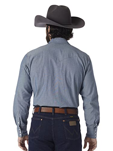 Wrangler Mens Cowboy Cut Western Long Sleeve Snap Work Washed Finish Button Down Shirts, Medium Blue Chambray, 15.5 Neck 34 Sleeve Us #TOP1