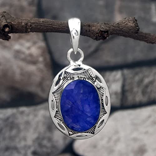 Celcia Jewelry Solid 925 Sterling Silver Pendant For Men Women, Natural Blue Sapphire Faceted Oval Gemstone Unique Handcrafted September Birthstone Pendant thumb #2