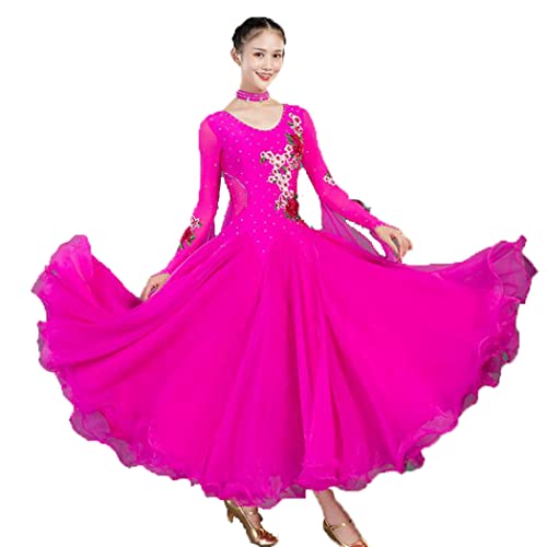 Embroidery Ballroom Competition Dancing Dresses for Women Waltz Modern Performance Dancing Outfit Foxtrot Costume,Rose red,S