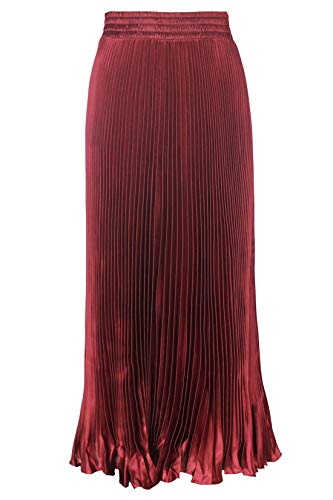 ebossy Women's Boho Satin Metallic Pleated Accordion Skirts Elastic High Waist Flowy A Line Shirring Maxi Long Skirt (One Size, Wine)