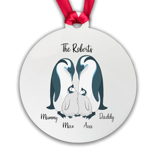 Personalised Penguin Bauble - New Baby - Family Bauble Christmas Tree Gift - White (2 Children, Decoration with Gift Box)