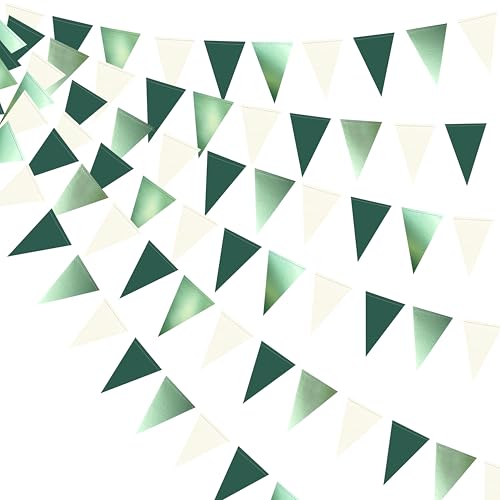 Image of Sage Green Decorations Hanging Paper Pennant Banner Flag Green Beige Triangle Bunting Garland for Birthday Baby Shower Wedding Engagement Neutral Safari Wild One Woodland Jungle Theme Party Supplies