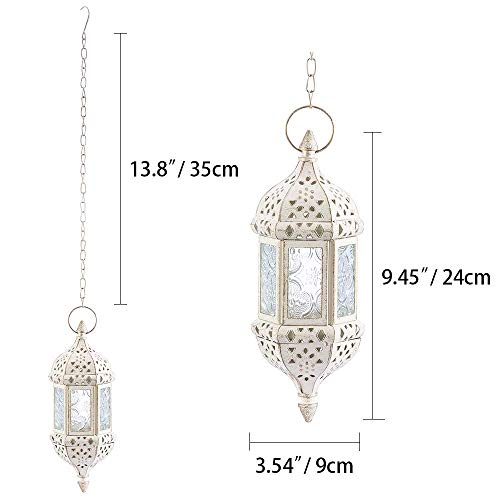 6 Pcs Moroccan Lantern Metalwork Hanging Tealight Candle Holder Metal Glass Indoor Outdoor Battery Operated Led Flameless With 13.8 Inches Chain, White #TOP5