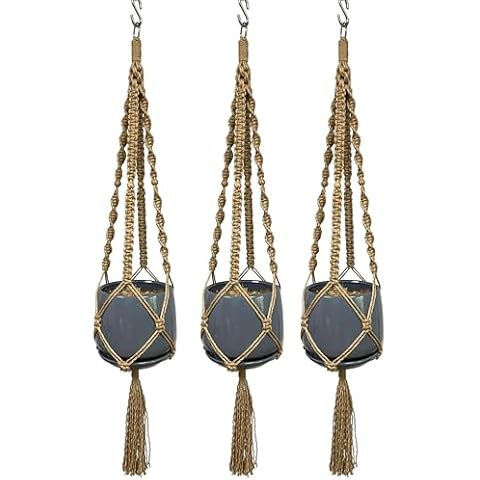 Hanpo 4 Legs Macrame Plant Hanger Hanging Planter Natural Jute Plant Holder with Wood Bead Decoration and Metal Ring 48" for 10 inch Planter Pot (3) Cover