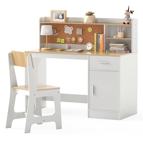 COSTWAY Bureau Enfant Garçon Fille avec Chaise Ergonomique & Tableau d'Affichage en Liège, Table...