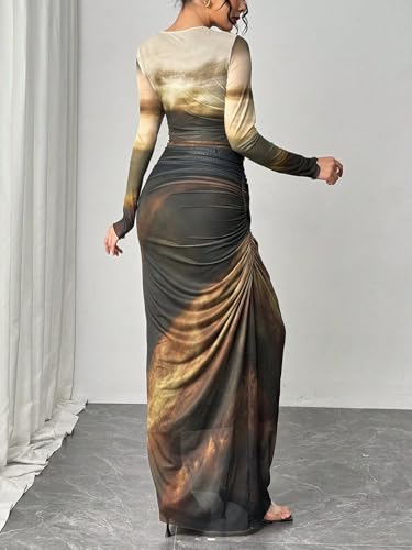 Image of LIGHT DOT Women's Printed Bodycon Maxi Dress Long Sleeve Tie Dye Mesh Ruched Cocktail Dress